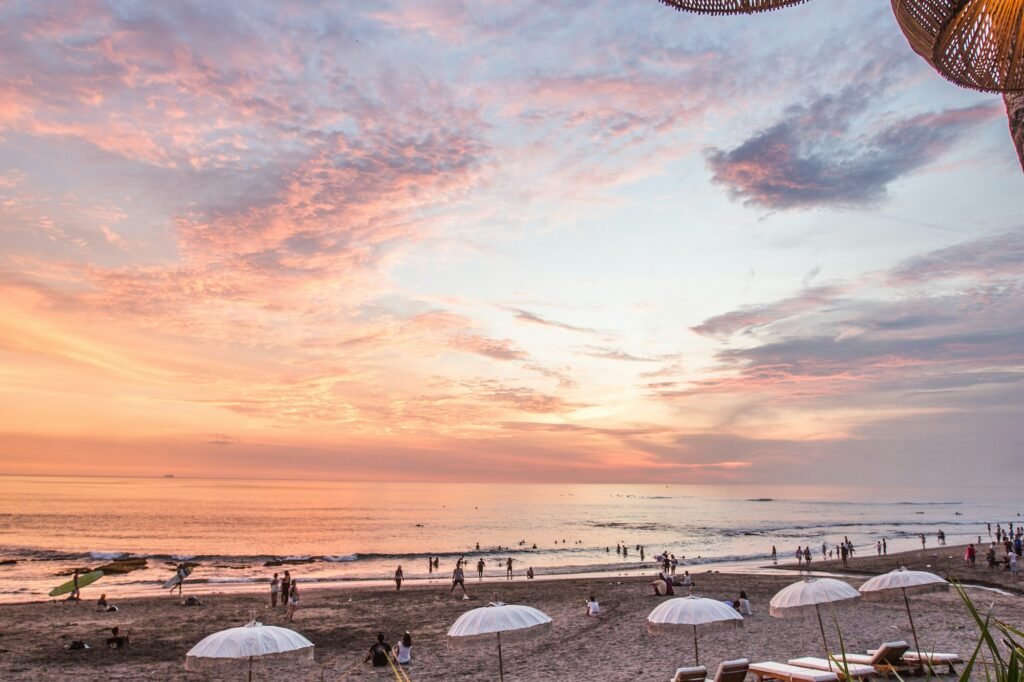 Beach parasol and loungers at a coastal hotel in Indonesia